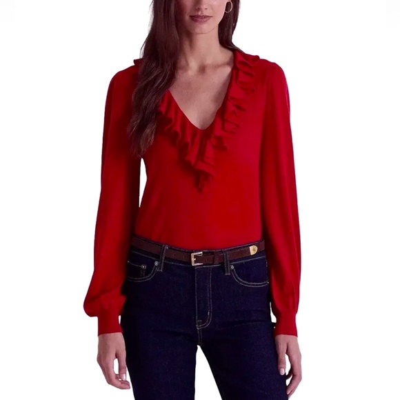 Ralph Lauren LAUREN Ruffled Trim V-Neck Sweater in Red NWT- Size XL - Picture 2 of 8